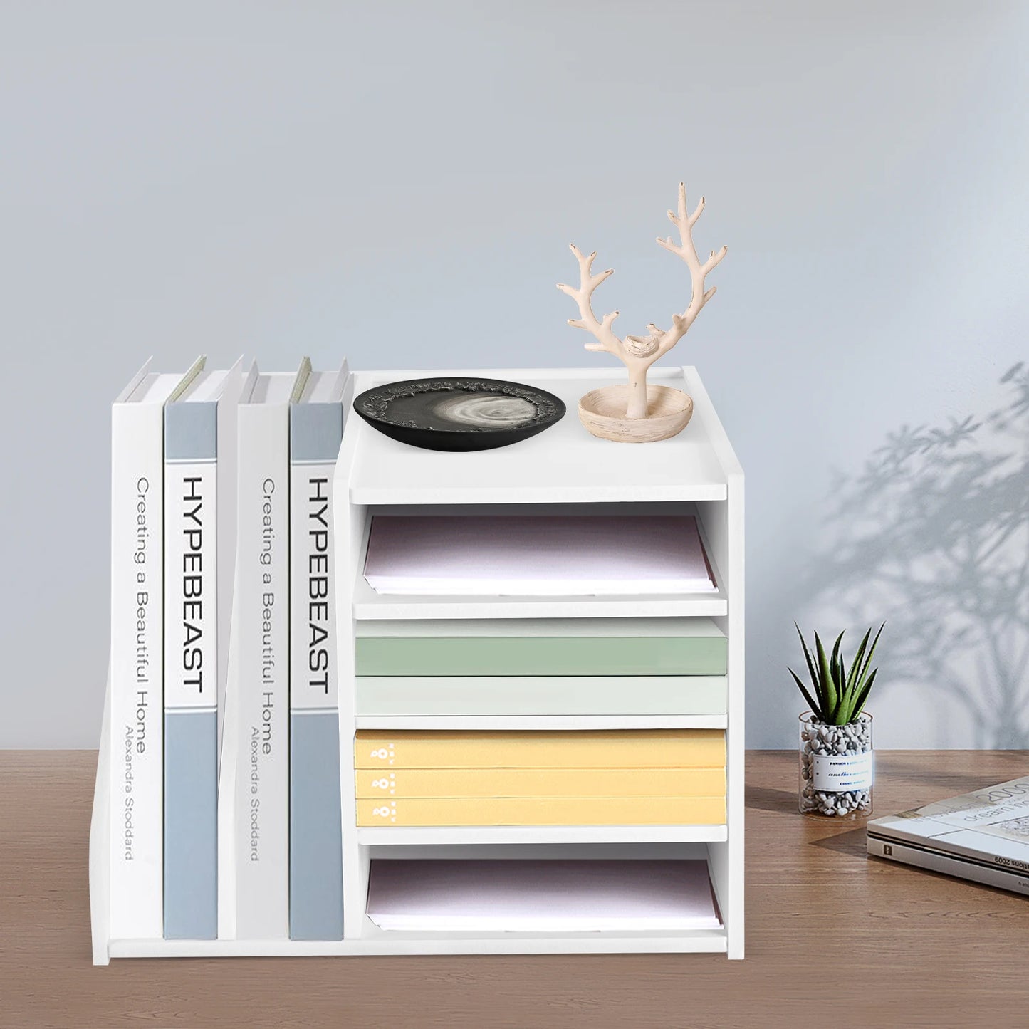 File Holder Organizer, 4+2 Tier PVC Desktop File Organizer, White Modern Paper Document Sorter for Office Home School