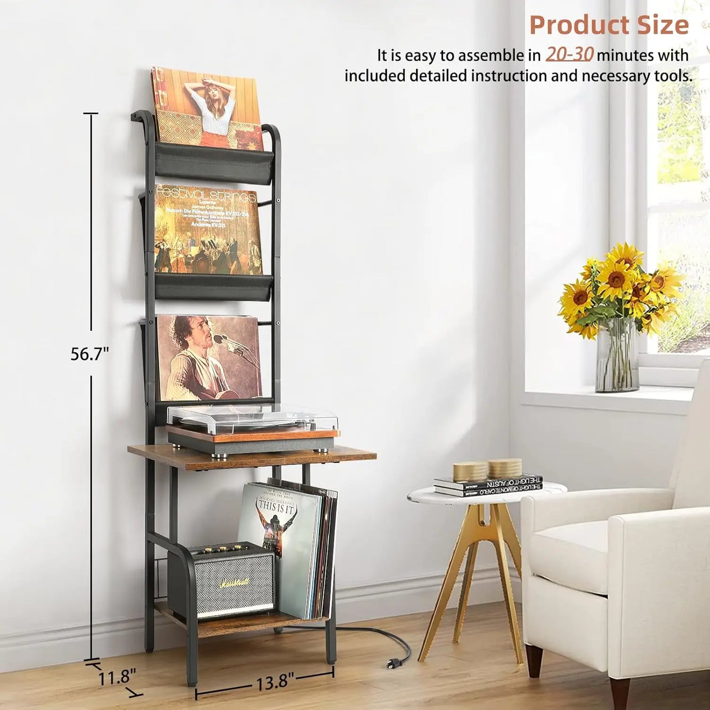 Record Player Stand with Power Outlet, Record Player Table with Vinyl Record Storage up to 200 Albums, Turntable Stand with Reco