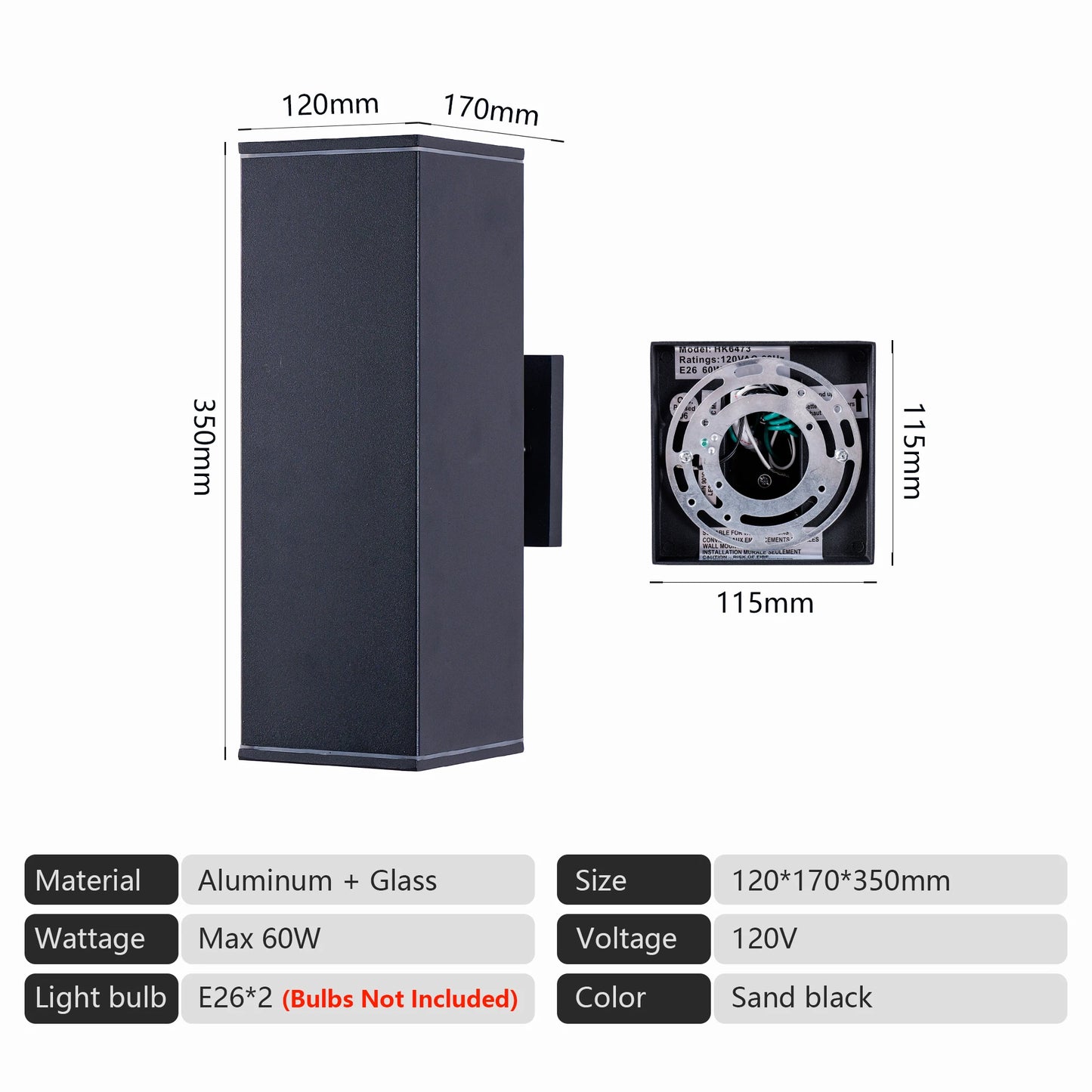 2 Pack Rectangular Outdoor Wall Light - Dual E26 Base, Sand Black Aluminum & Tempered Glass All-Weather Sconce for Garden