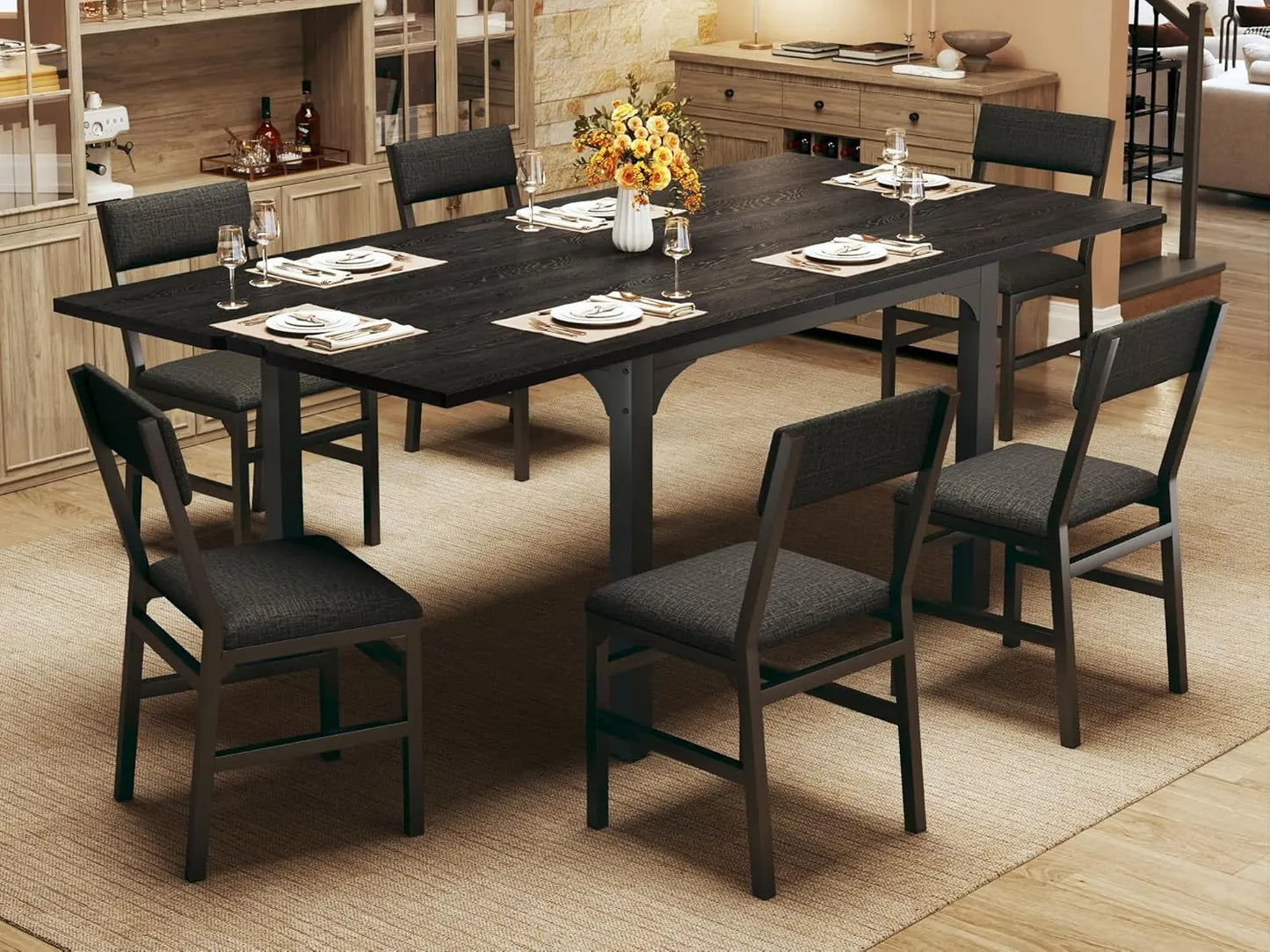 7-Piece Dining Table Set for 4-6, Extendable Kitchen Table Cushion Chairs Set of 6 with 6 Chairs, Rectangle Dining Table