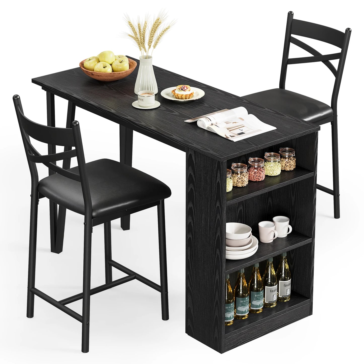Farmhouse Bar Table and Chairs Set, 3 Piece Dining Table Set with Flip Top Extension and Storage Shelves for Kitchen Apartment