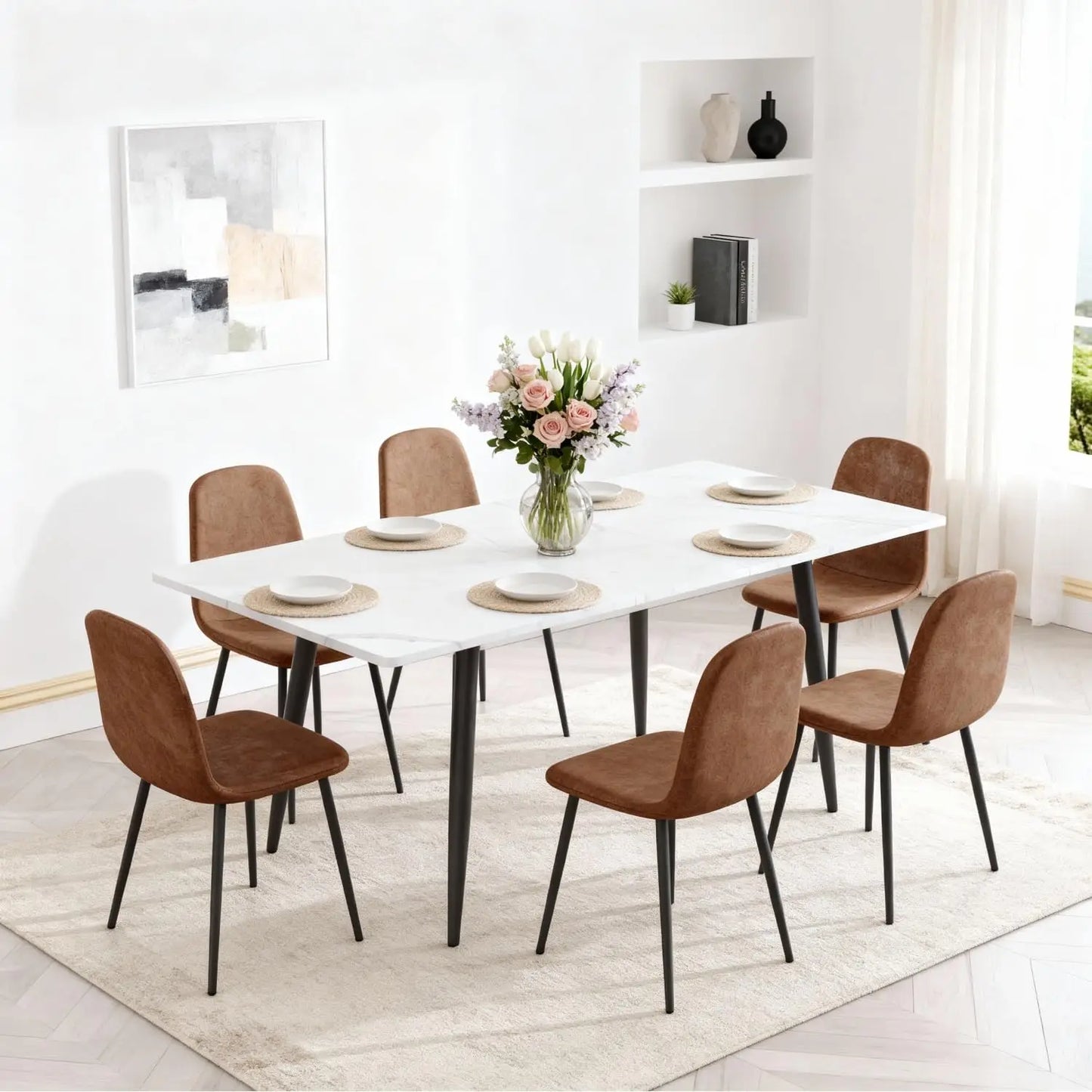 7 Piece Dining Table Set, 59"-75" Extendable Dining Room Table Set with 6 Upholstered Chairs, White Kitchen Table, Customized