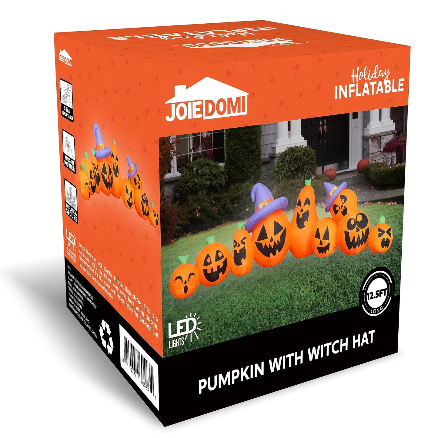 Joyfy 12.5 FT Halloween Inflatable Long Pumpkin with Witch Hat Decorations Inflatables with Build-in LEDs for Halloween Decor