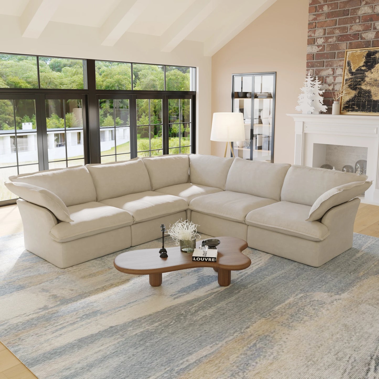 L Shape Corner Sectional Couch Breathable Linen Cloud Couches Down Fill Convertible Modular Sectional Sofas for Living Room