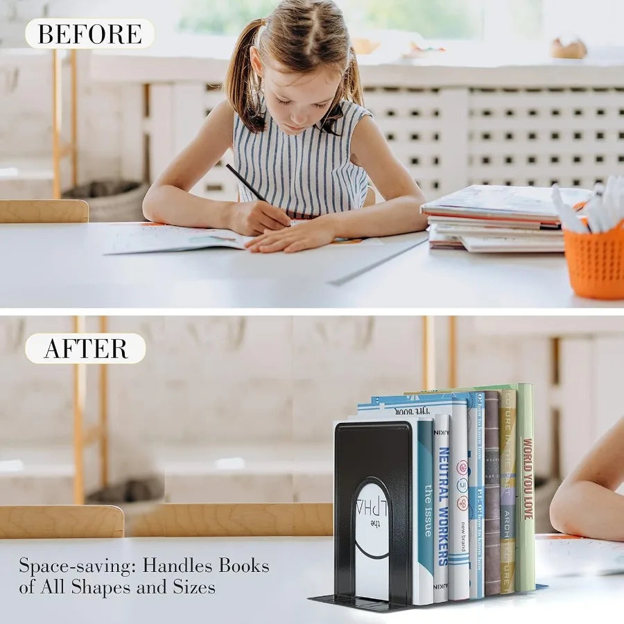 Heavy duty metal bookend supports with modern black finish ideal for home office school and shelf organization; includes 2 pair