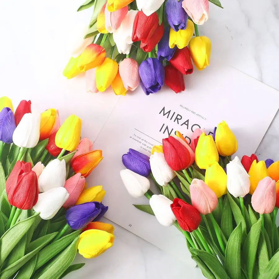 96 Pieces Multicolor Artificial Tulips Flowers Faux PU Fake Tulip for Easter Spring Wreath Real Touch Arrangement for Spring Wed