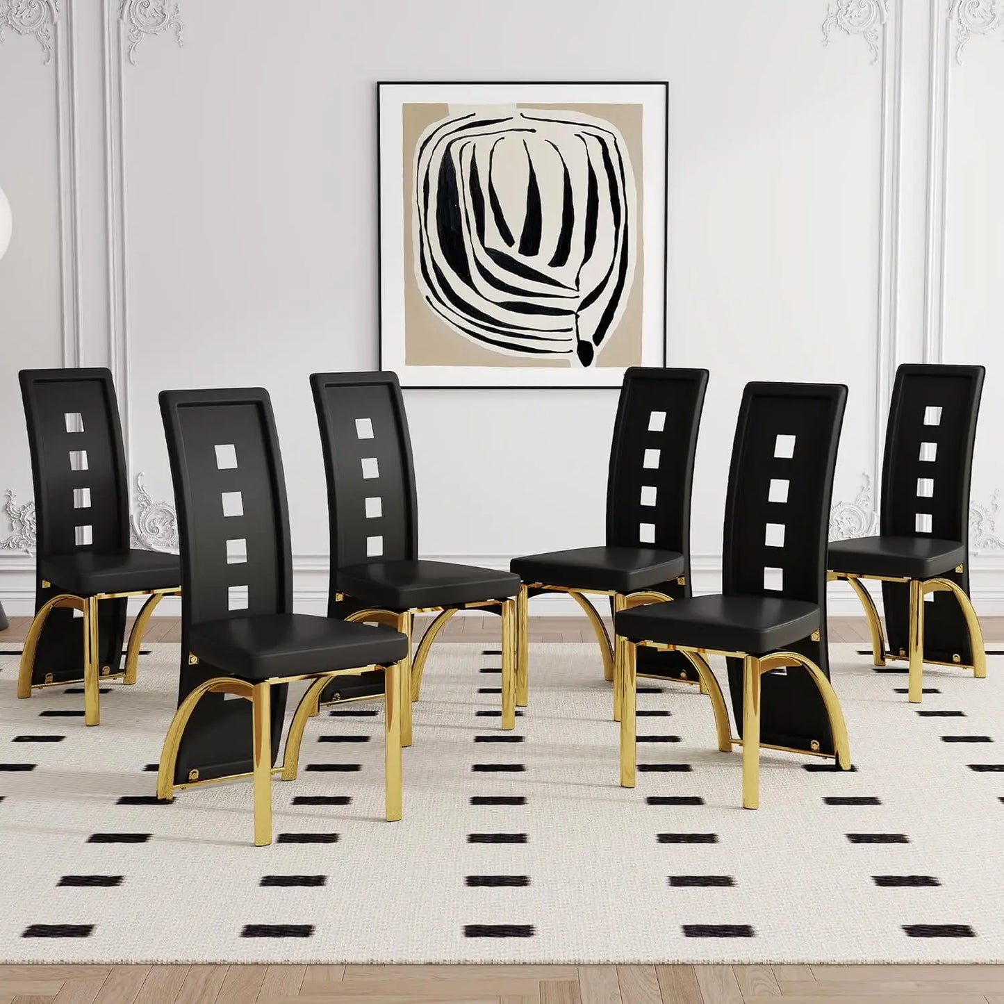 Black Dining Chairs Set of 6,Dining Room Chairs Set ,Upholstered Faux Leather Kitchen Chair with Metal Legs, Customized