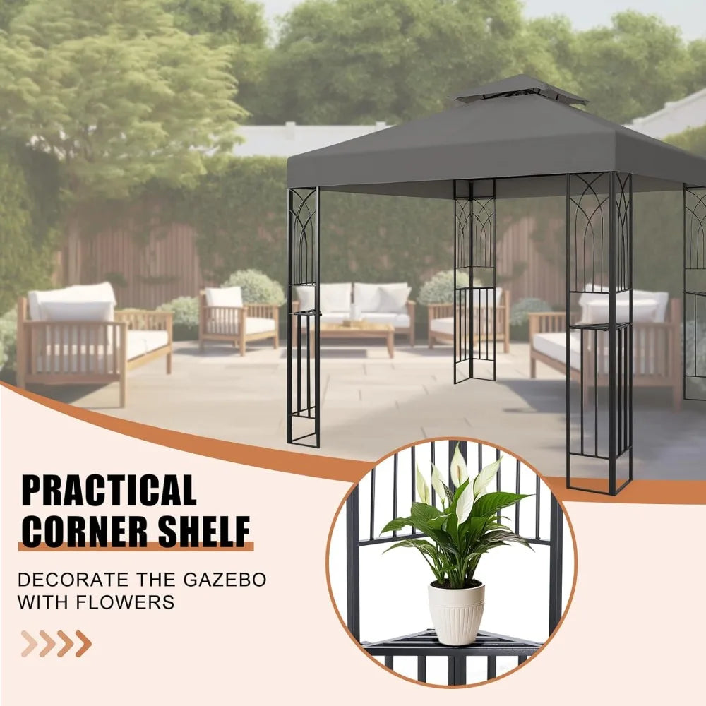 8x8 Outdoor Gazebo Tent with Corner Shelves, Double Roof Patio Paviloin with Soft Fabric Top, Outdoor Sunshelter