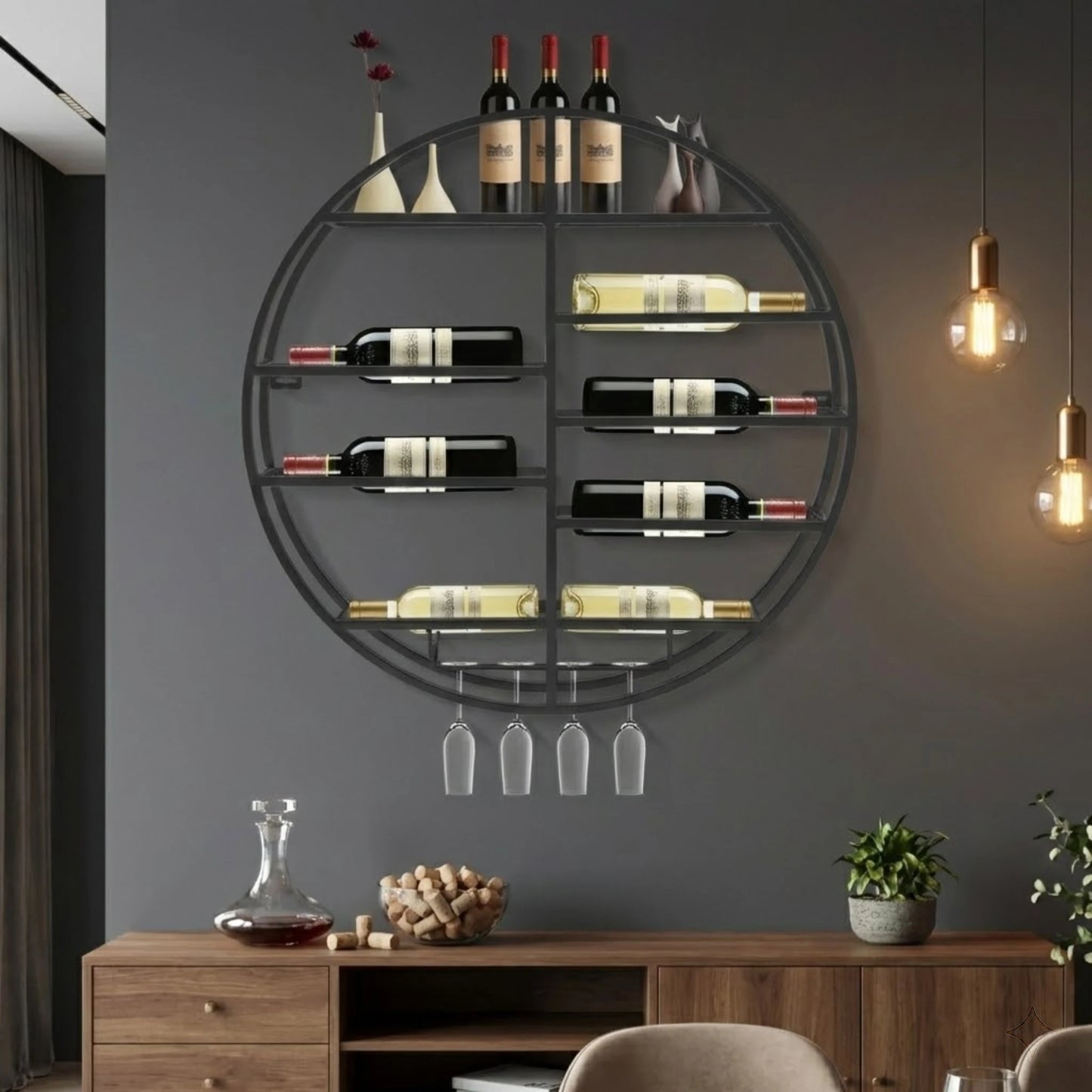 Modern Black Iron Wine Shelf Wall Mounted Large Capacity 7 Bottle Storage Rack