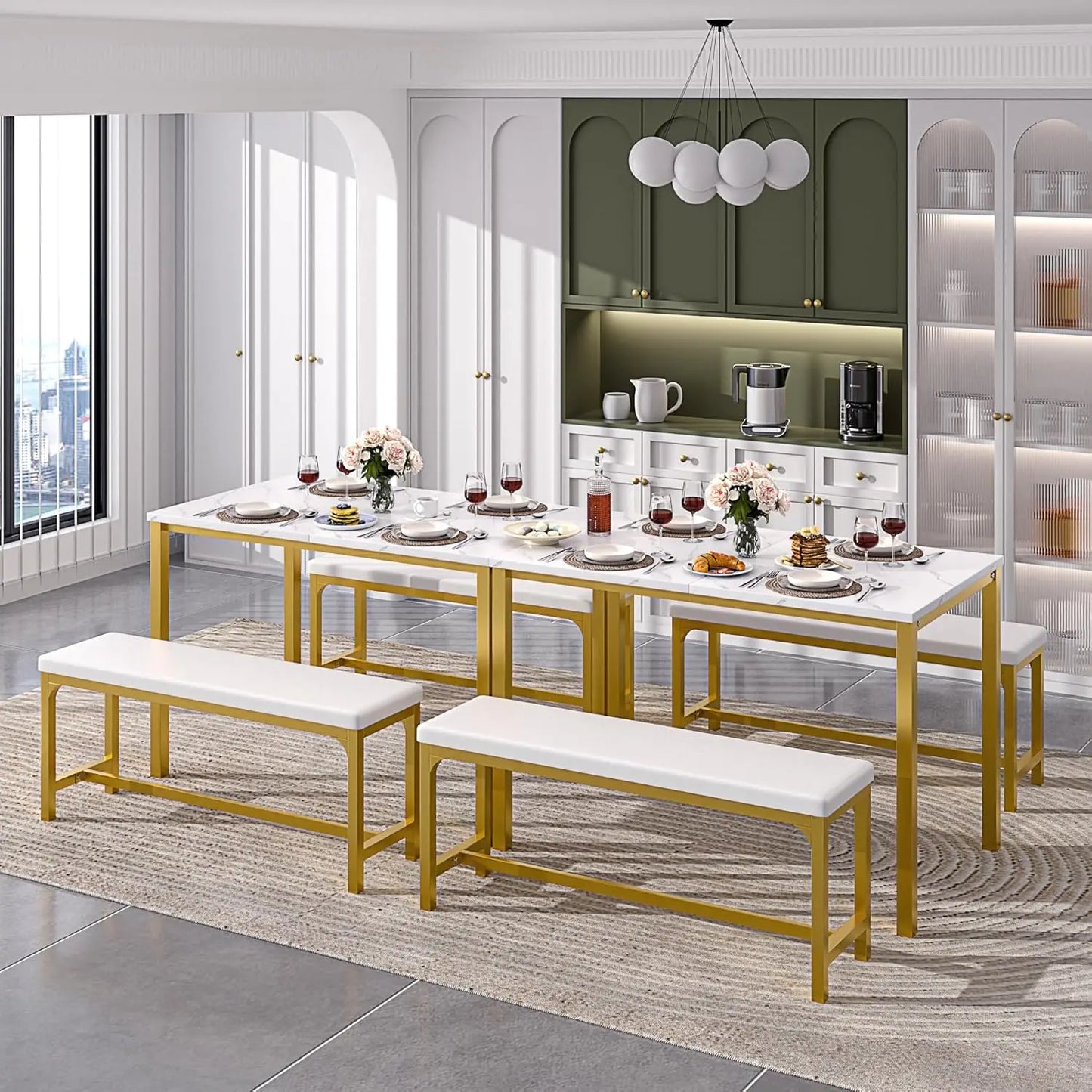 3-Piece 63" Extendable Kitchen Table with Benches/Chairs, Modern Breakfast Dinette/Dining Room Set for 4/6/2, Small Space Saving