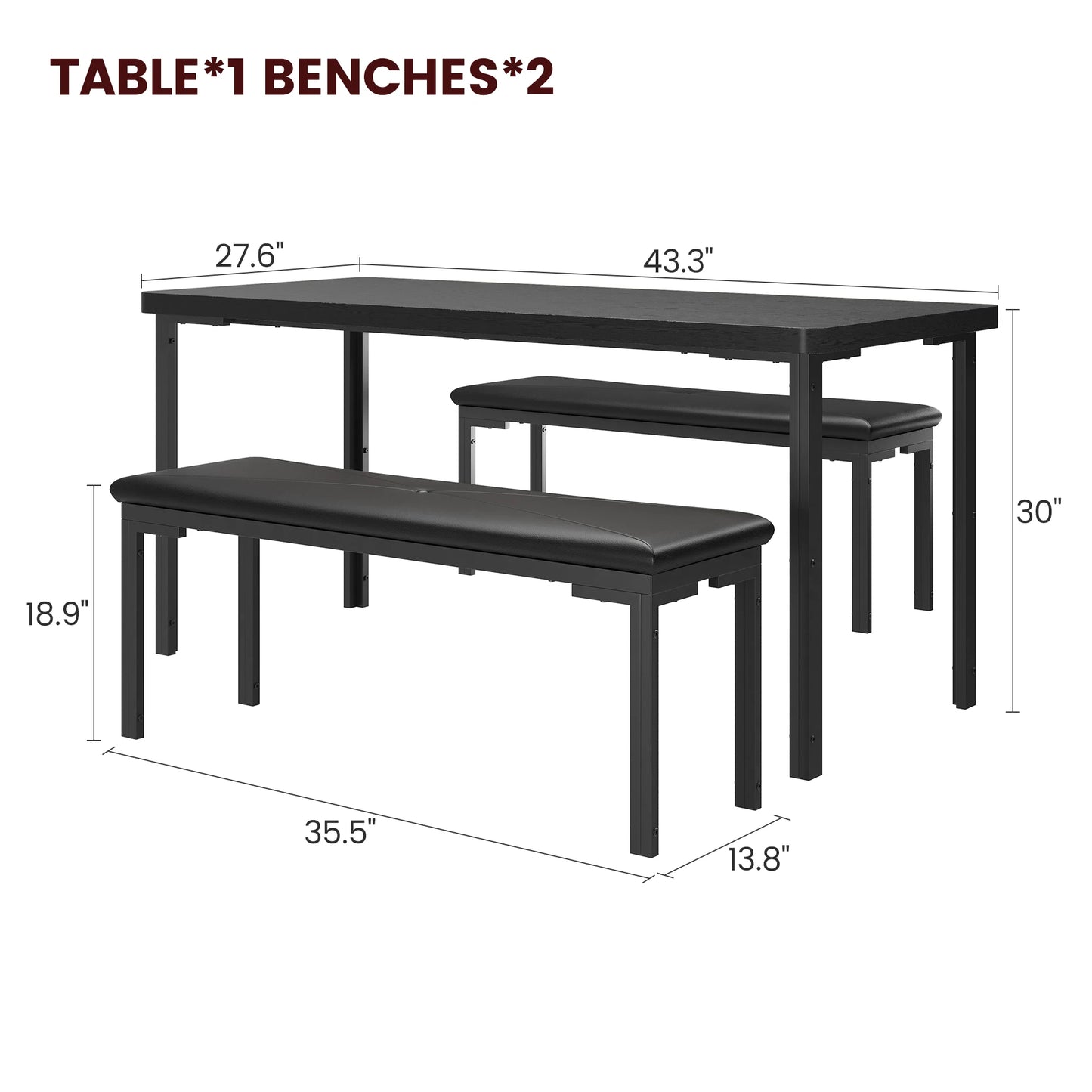 Dining Table Set for 4, Kitchen Table with Benches, Rectangular Dining Room Table Set with 2 Upholstered Benches for Small Space