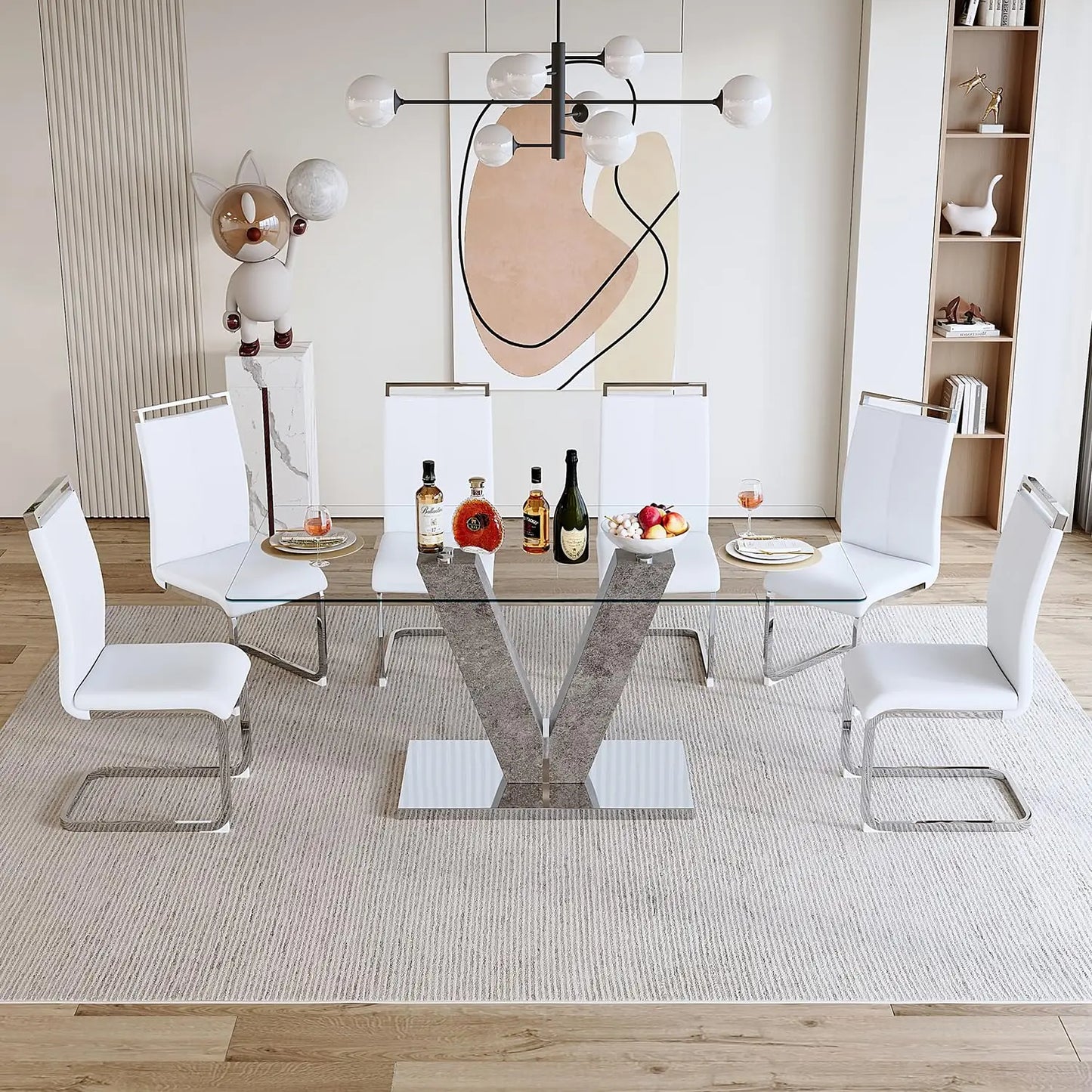 Glass Dining Room Table Set for 6,Modern Dining Table with 6 PU Leather Dining Chairs.71'' Kitchen Table with, Customized