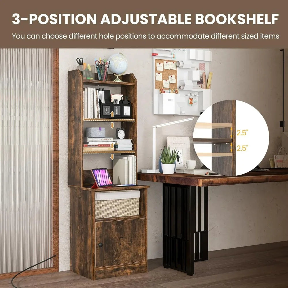 6-tier adjustable bookshelf nightstand, 56" tall, industrial style charging station