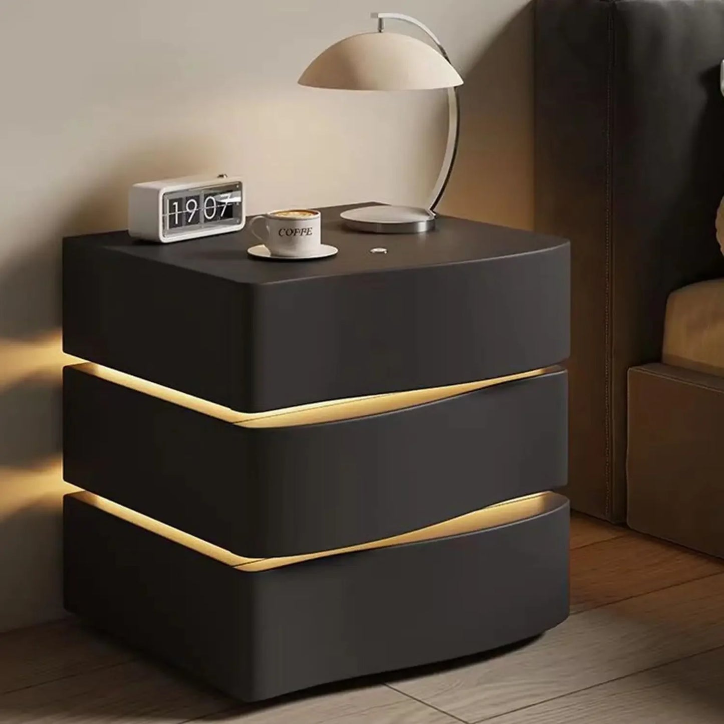 Solid Wood Nightstand with LED Light Strip Modern Leather Bedside Table with Drawer for Bedroom Side Table.Customized.
