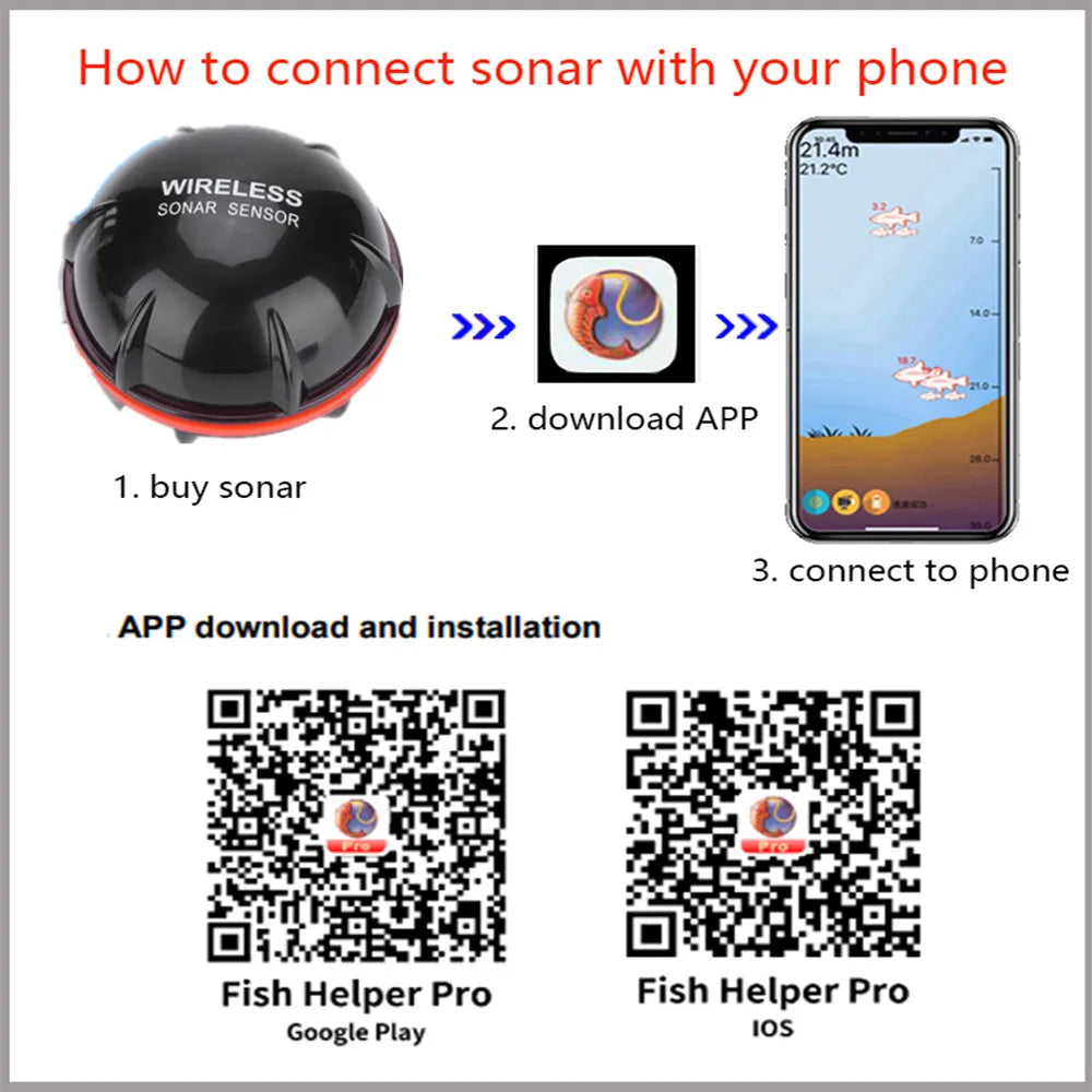 Smart Sonar Fish Finder Wireless Bluetooth Portable 48m/160ft Depth Finder for iOS Android Outdoor Fishing Equipment