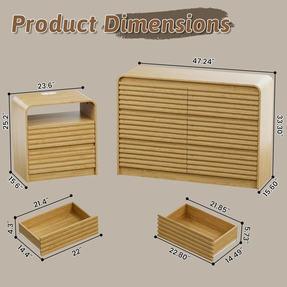 Dresser and Nightstand Sets for Bedroom, 3 Pcs Bedroom Set, Fluted 6 Drawer Dresser with Curved Profile and Night, Customized