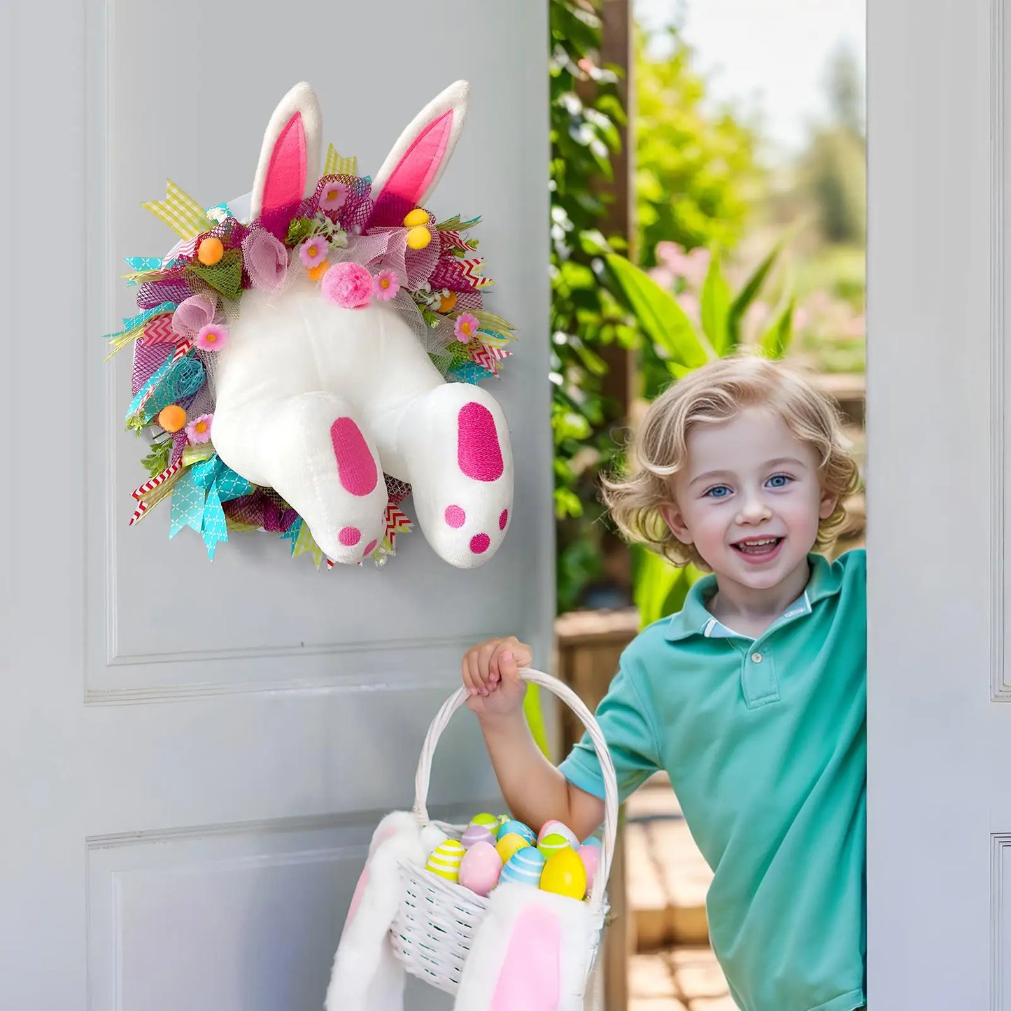 Bunny Butt and Ears Wreath Kit Fabric Artificial Wreath Supplies for Easter Holiday Front Door and Wall Decoration