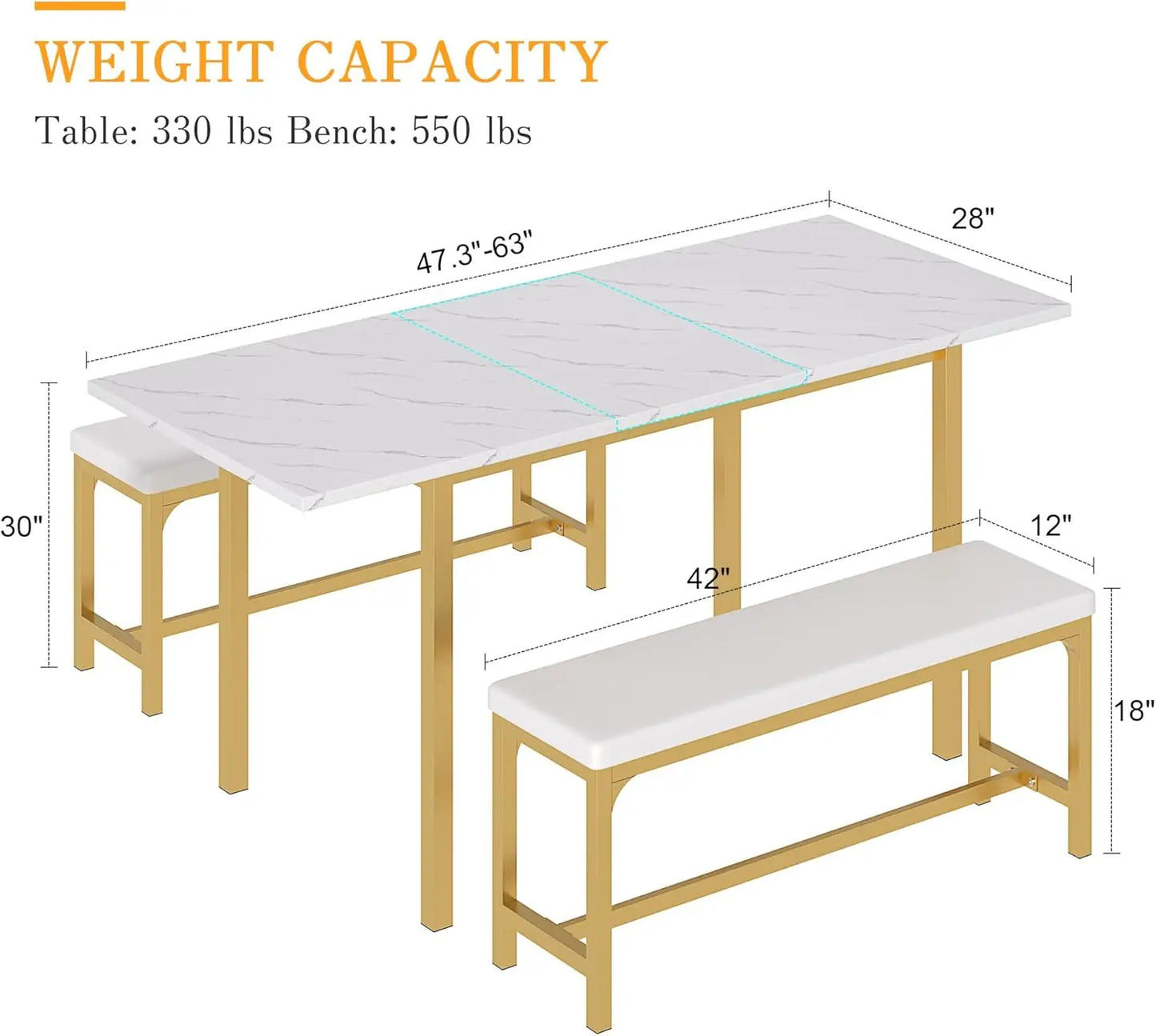 3-Piece 63" Extendable Kitchen Table with Benches/Chairs, Modern Breakfast Dinette/Dining Room Set for 4/6/2, Small Space Saving