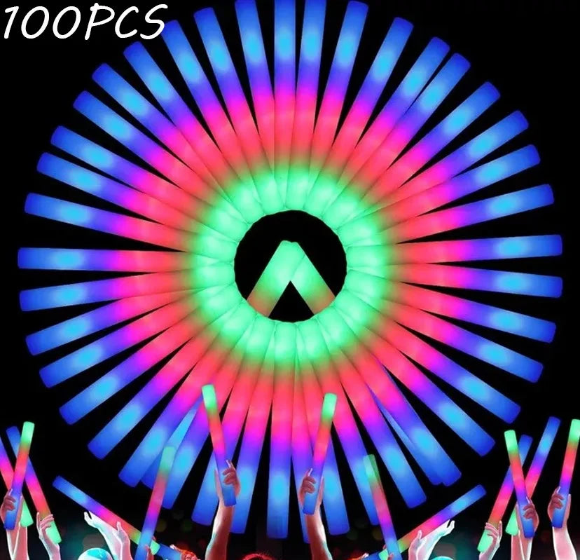 100Pcs LED Glow Sticks Bulk Colorful RGB Glow Foam Stick Cheer Tube Dark Light for Xmas Birthday Wedding Party Supplies
