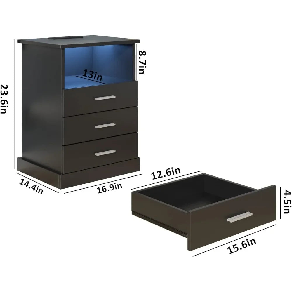 modern led nightstand with charging port, 3-drawer side table with lighting, open storage end table, bedside storage cabinet