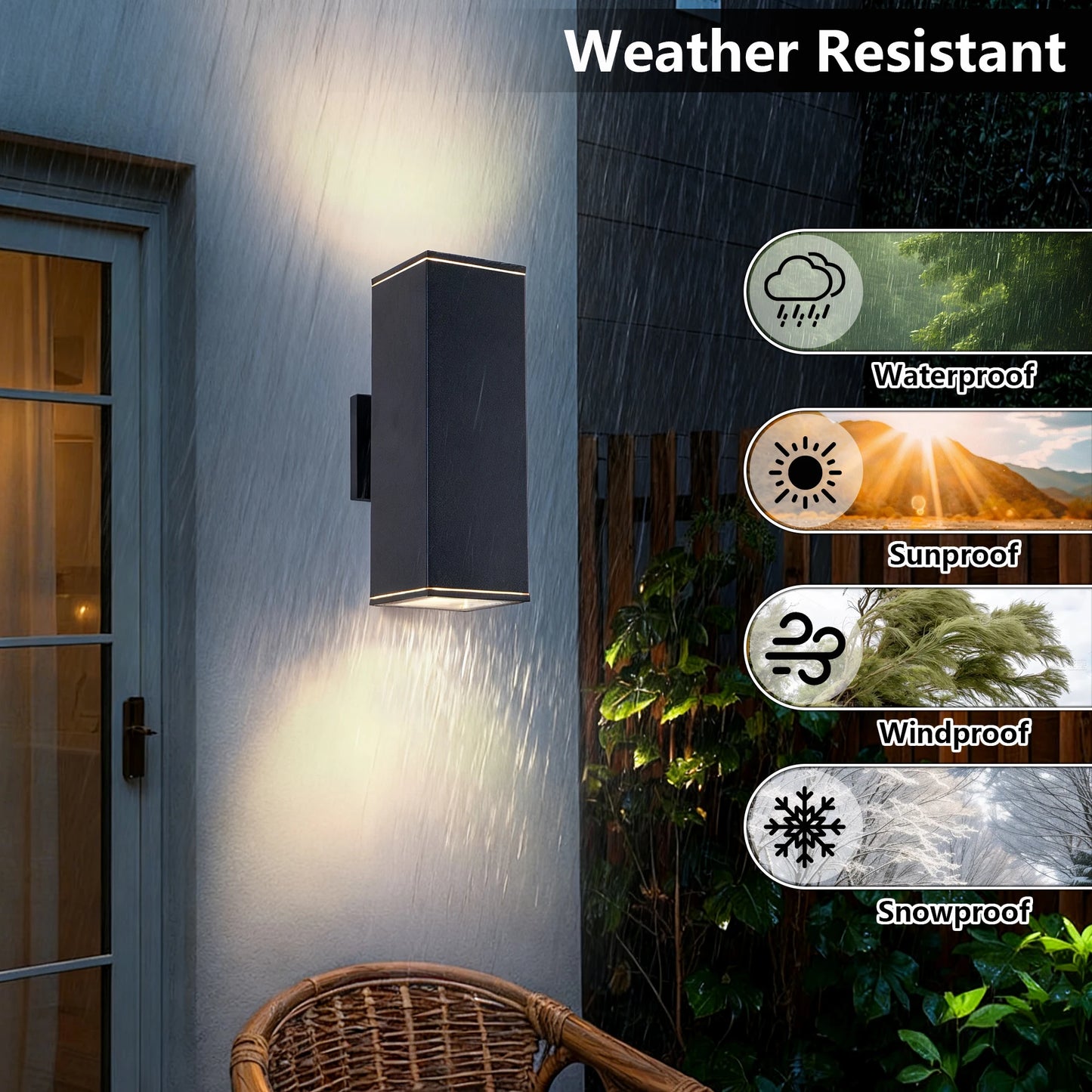 2 Pack Rectangular Outdoor Wall Light - Dual E26 Base, Sand Black Aluminum & Tempered Glass All-Weather Sconce for Garden