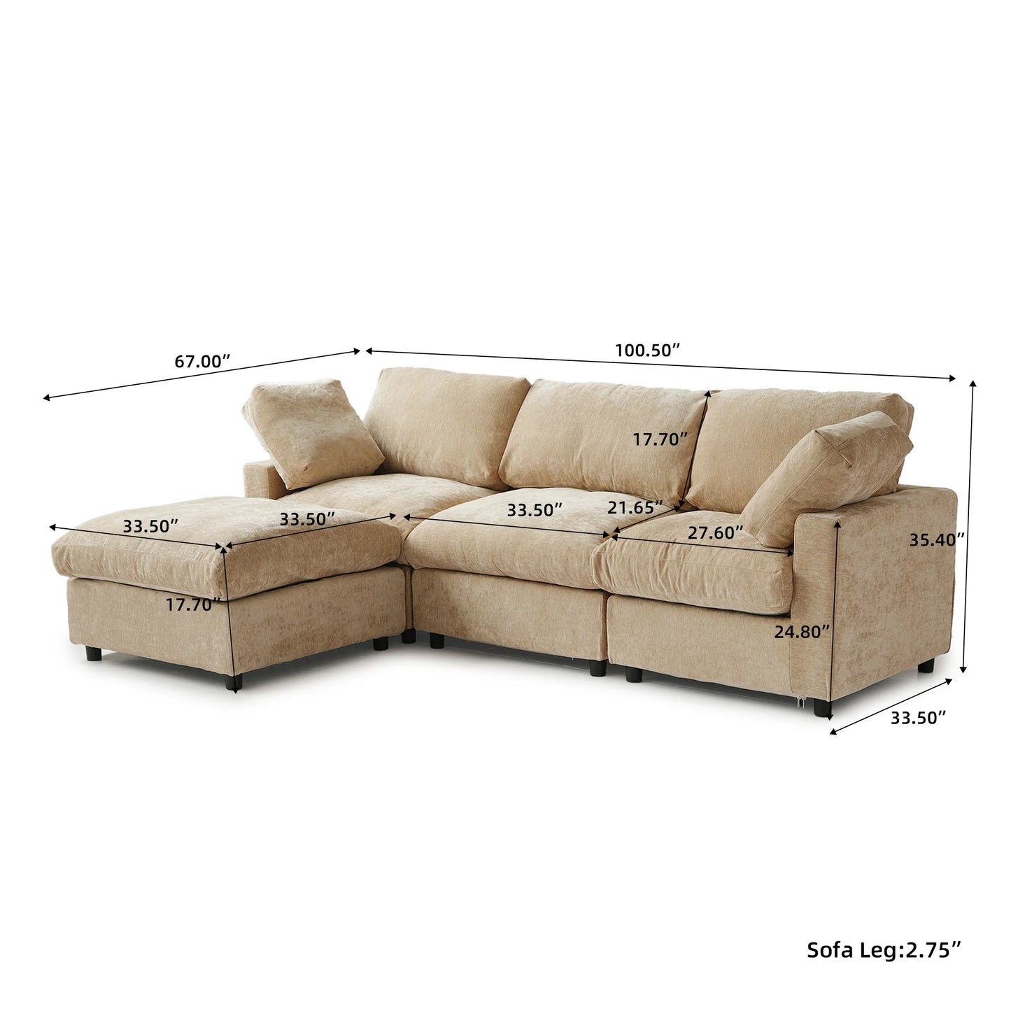 Sdorens Sectional Sofas Modern Cloud Couch Chenille L-shaped Modular Sectional Sofa for Living Room 3 Seats Couch with Ottomans
