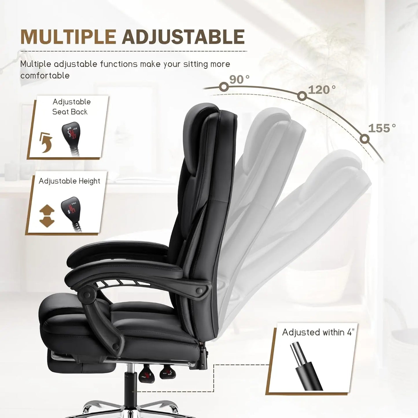 Executive Office Chair with Foot Rest Big and Tall Office Chair Ergonomic Home Office Desk Chairs Reclining High, Customized