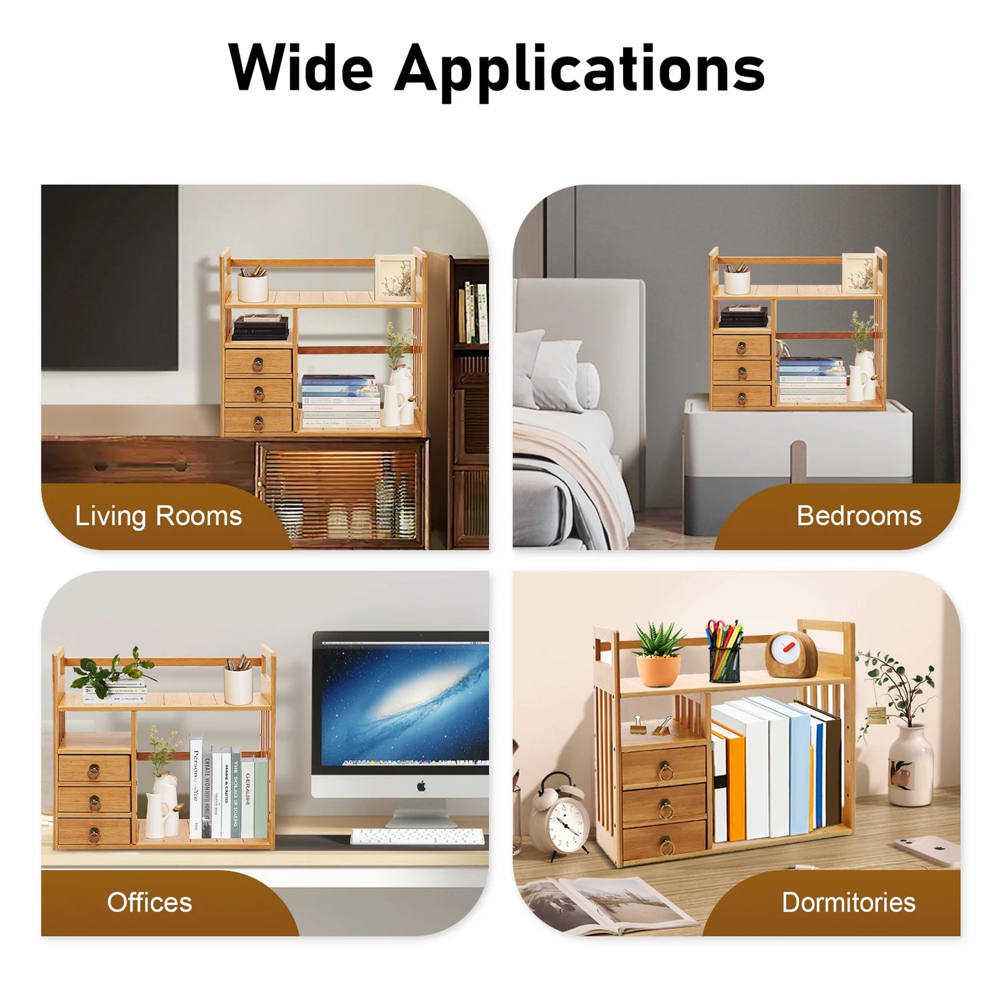 Desktop Organizer Book Shelf Office Storage Rack Wood with Drawers - Birthday Gifts - Natural Stand Shelf Rectangular