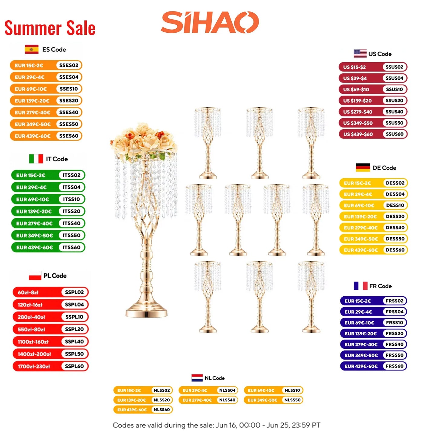 Sihao 10PCS 55cm/21.65” Tall Crystal Wedding Flower Stand Vase for Party Decor，Table Flower Stand, Home Decoration