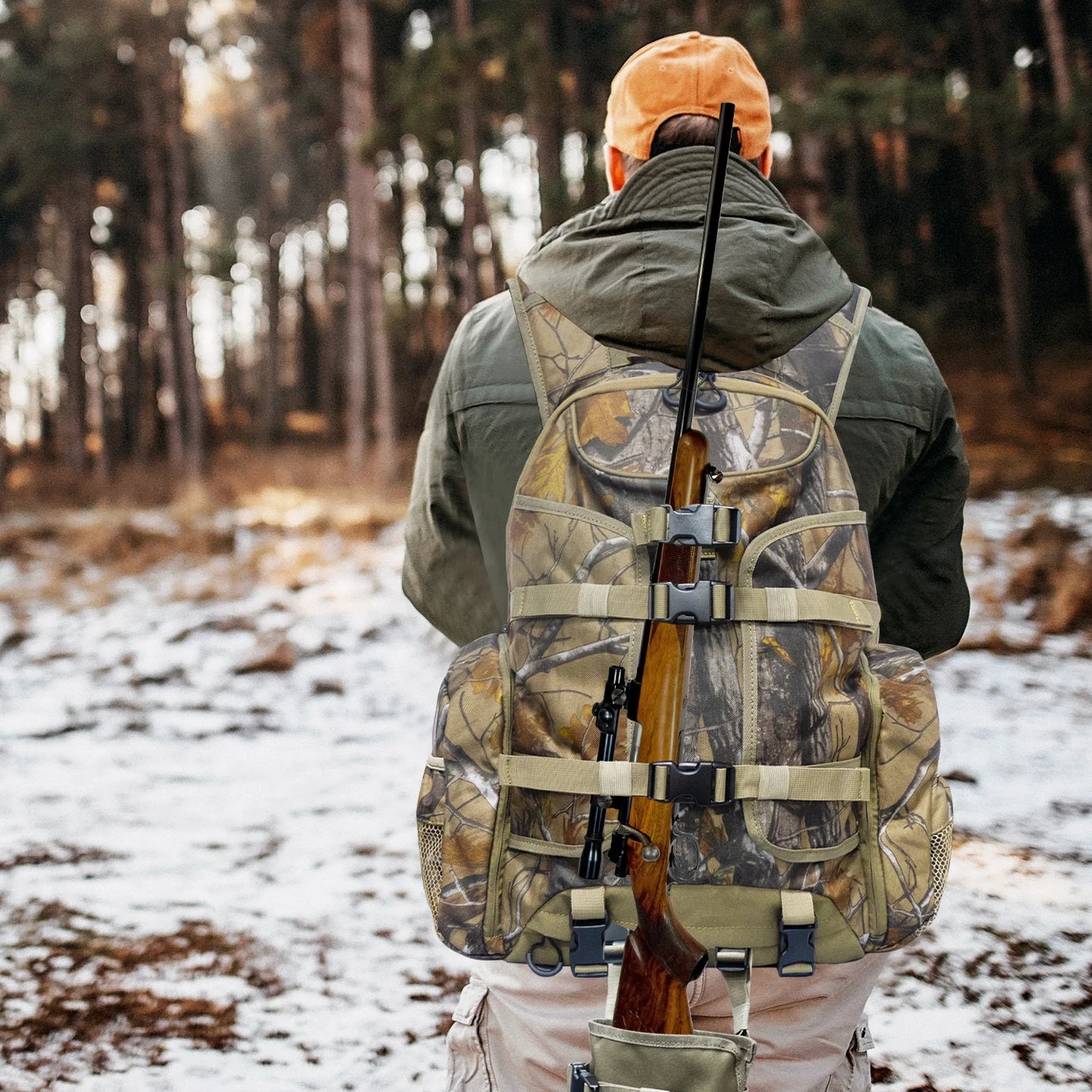 35L Lightweight Hunting Backpack with Gun And Bow Storage Side Mesh Pouch And Waist Bag Design for Outdoor Activities