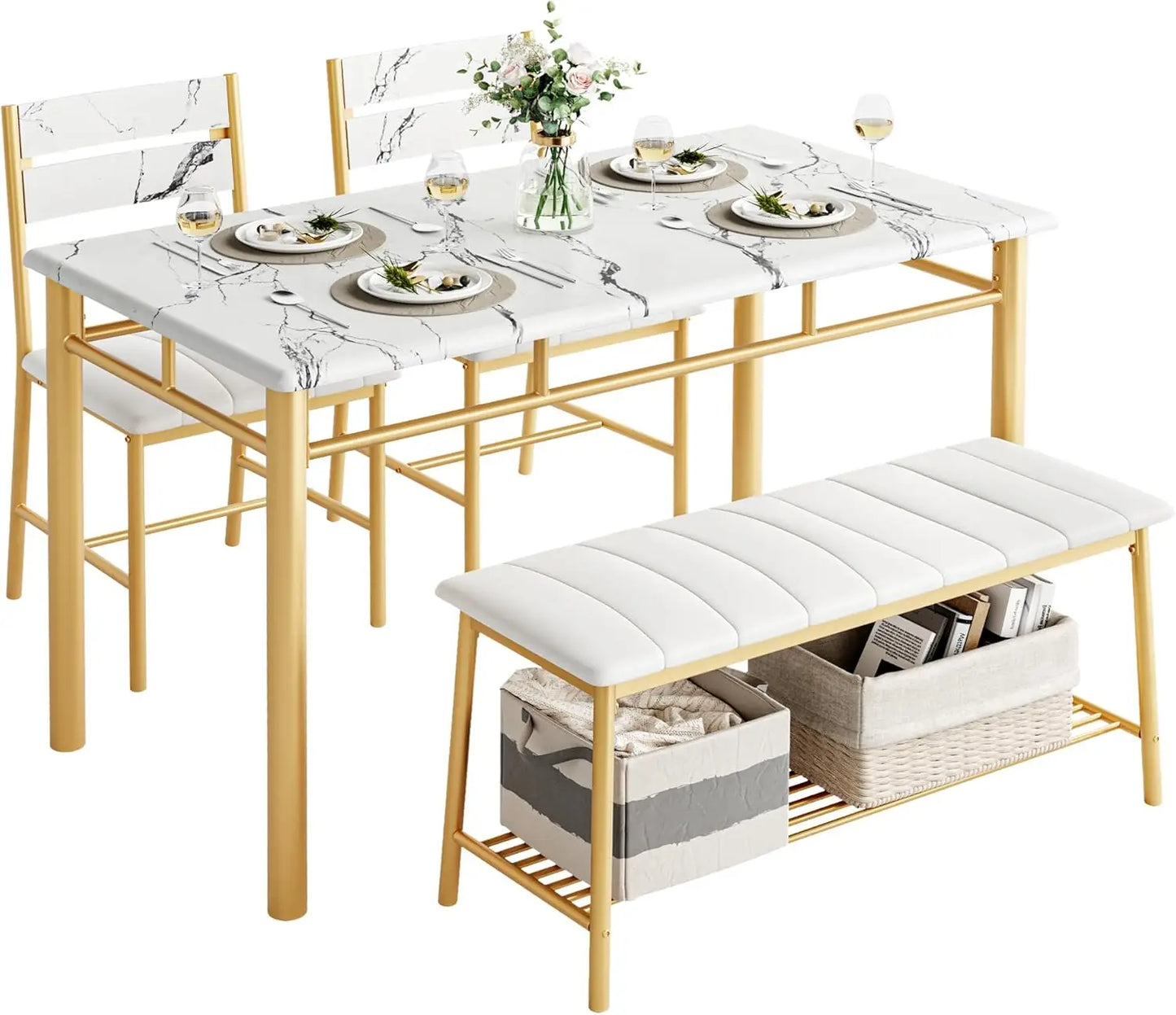 IRONCK Dining Table Set for 4, Kitchen Table and Chairs Set for Small Space, Kitchen Table with Upholstered Bench and 2 Chairs