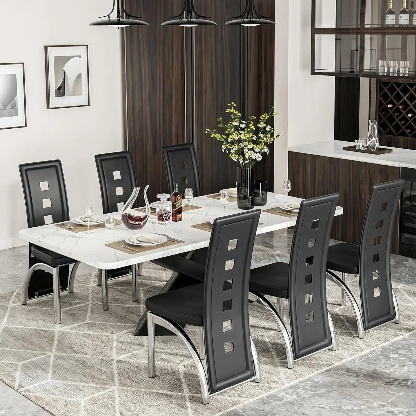 Black Dining Chairs Set of 6，Dining Room Chairs Set ，Upholstered Faux Leather Kitchen Chair with Metal Legs, Customized