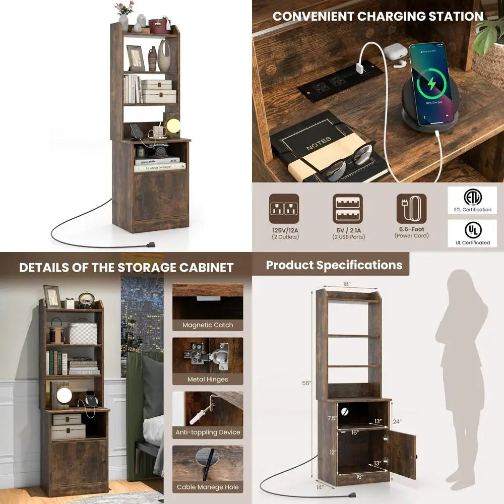 6-tier adjustable bookshelf nightstand, 56" tall, industrial style charging station