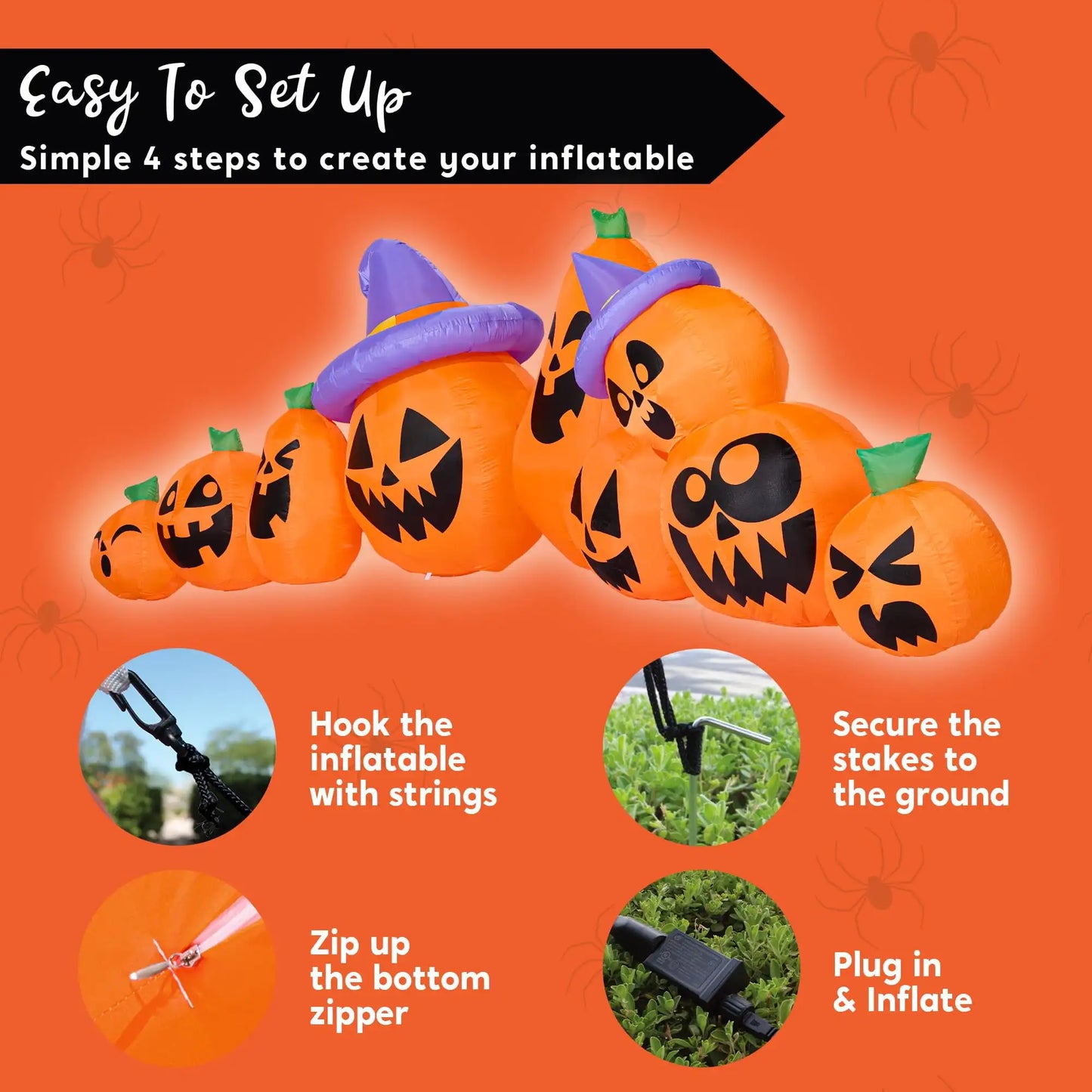 Joyfy 12.5 FT Halloween Inflatable Long Pumpkin with Witch Hat Decorations Inflatables with Build-in LEDs for Halloween Decor