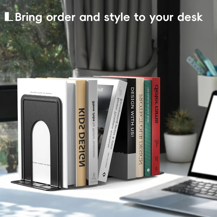 Heavy duty metal bookend supports with modern black finish ideal for home office school and shelf organization; includes 2 pair