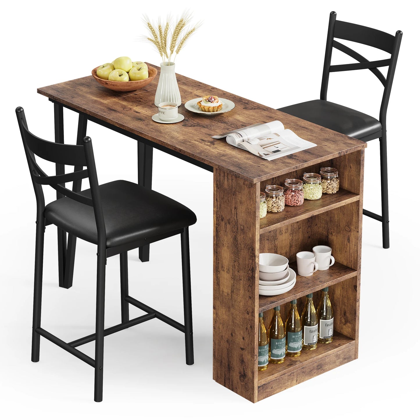 Farmhouse Bar Table and Chairs Set, 3 Piece Dining Table Set with Flip Top Extension and Storage Shelves for Kitchen Apartment