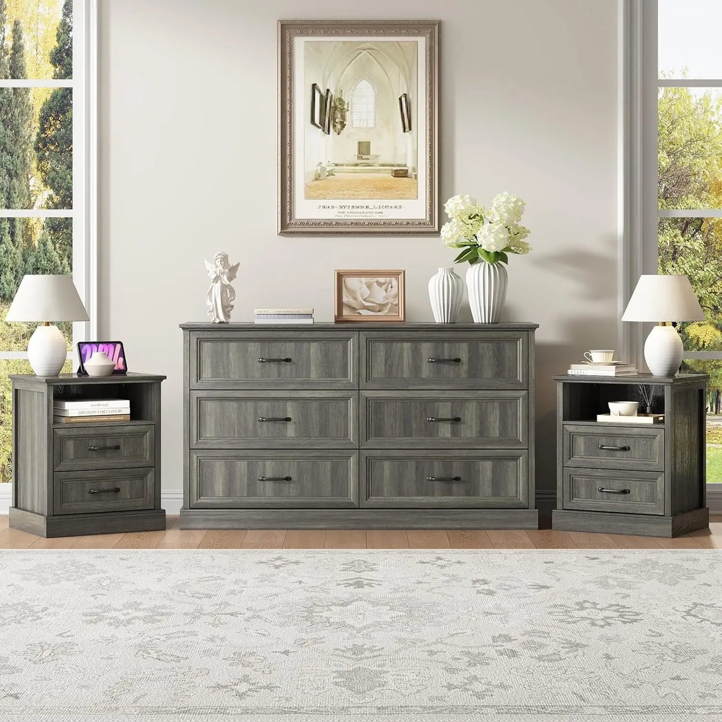 Farmhouse Dresser and Nightstand Sets for Bedroom, 3 Pcs Bedroom Set, 6 Drawer Dresser & Nightstand Set of 2,, Customized