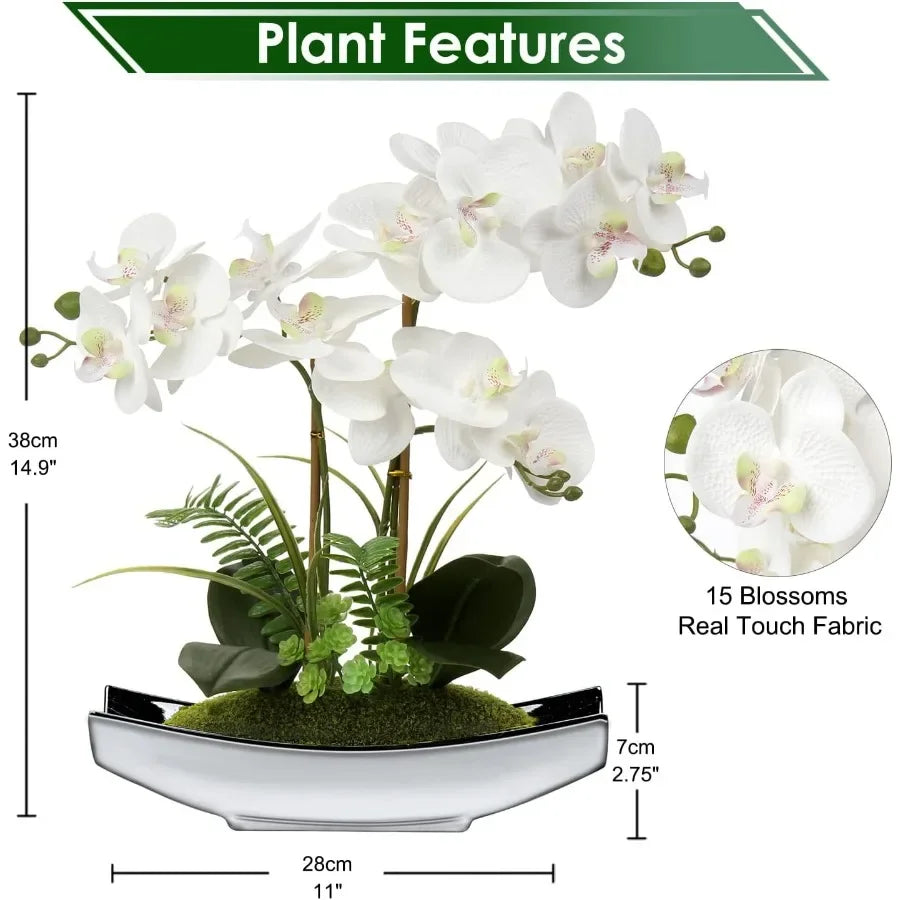 Artificial White Phalaenopsis Orchid Flowers 15 with Silver Pots Real Touch Faux Orchid Plant for Home Office Living Room Table