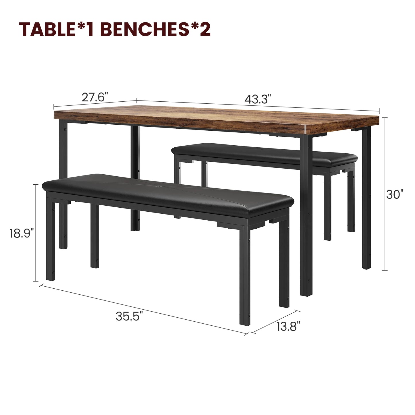 Dining Table Set for 4, Kitchen Table with Benches, Rectangular Dining Room Table Set with 2 Upholstered Benches for Small Space