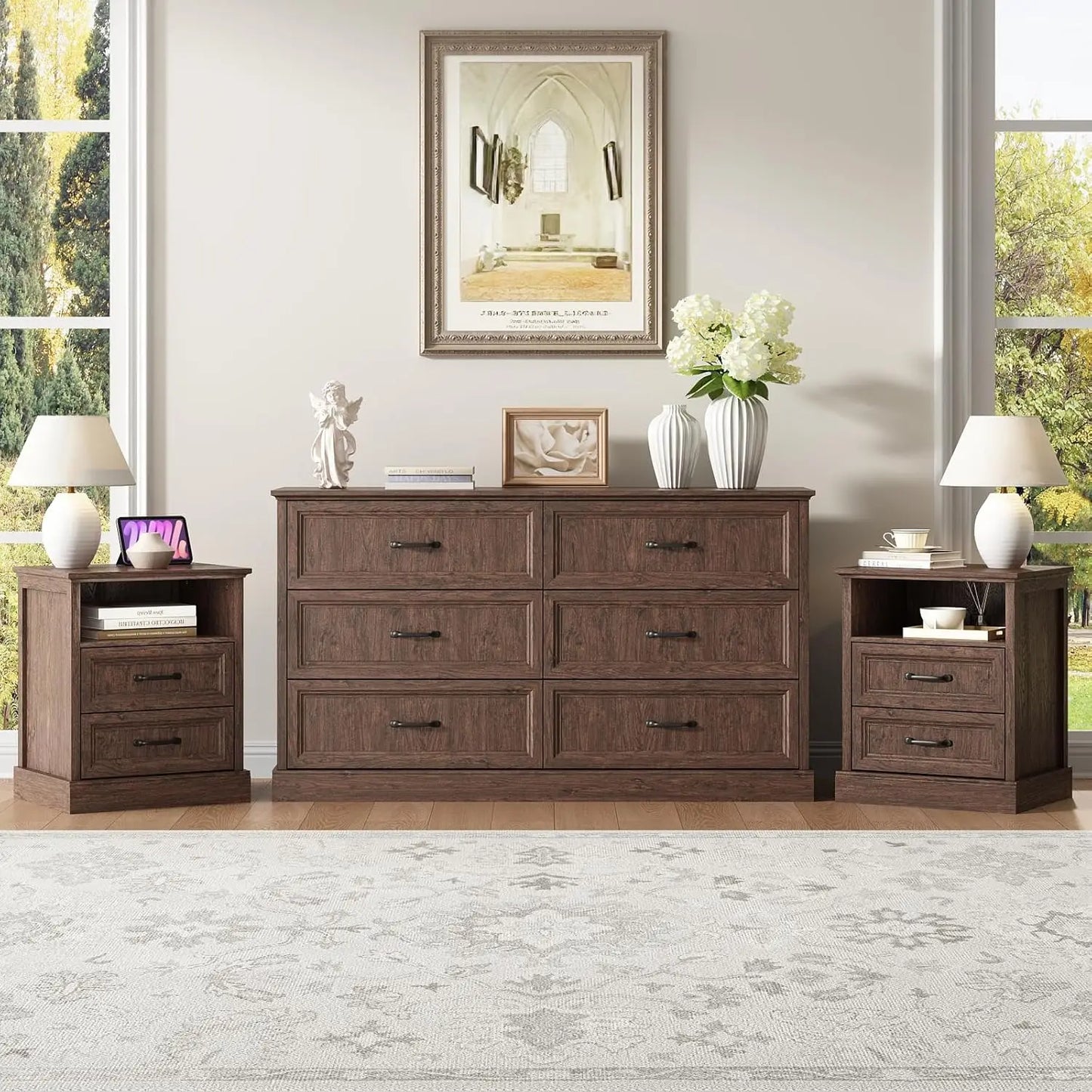 Farmhouse Dresser and Nightstand Sets for Bedroom, 3 Pcs Bedroom Set, 6 Drawer Dresser & Nightstand Set of 2,, Customized