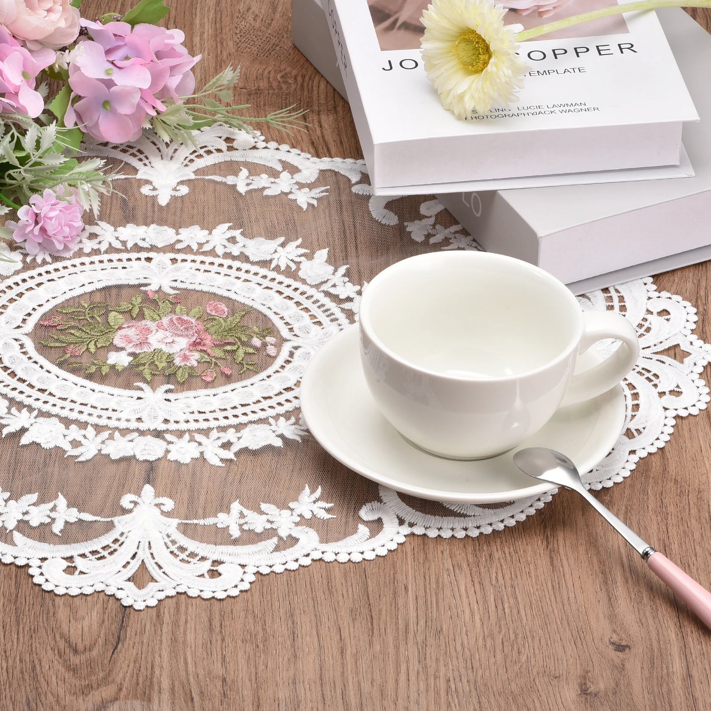 2Pcs Retro Lace Placemats, French Crochet Doilies Round Embroidered Hollow Cup Vase Table Mat for Dining Table 11.02x11.02inch