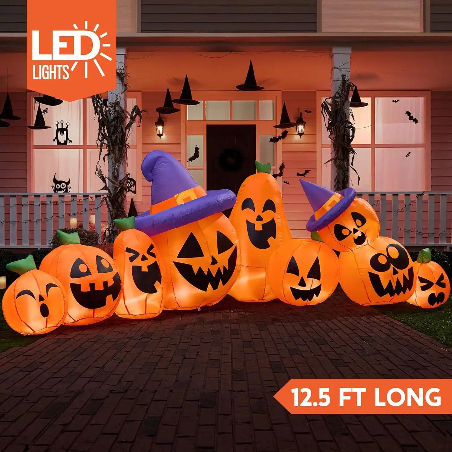 Joyfy 12.5 FT Halloween Inflatable Long Pumpkin with Witch Hat Decorations Inflatables with Build-in LEDs for Halloween Decor