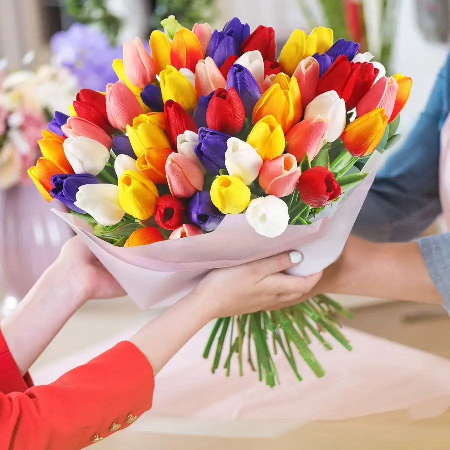 96 Pieces Multicolor Artificial Tulips Flowers Faux PU Fake Tulip for Easter Spring Wreath Real Touch Arrangement for Spring Wed