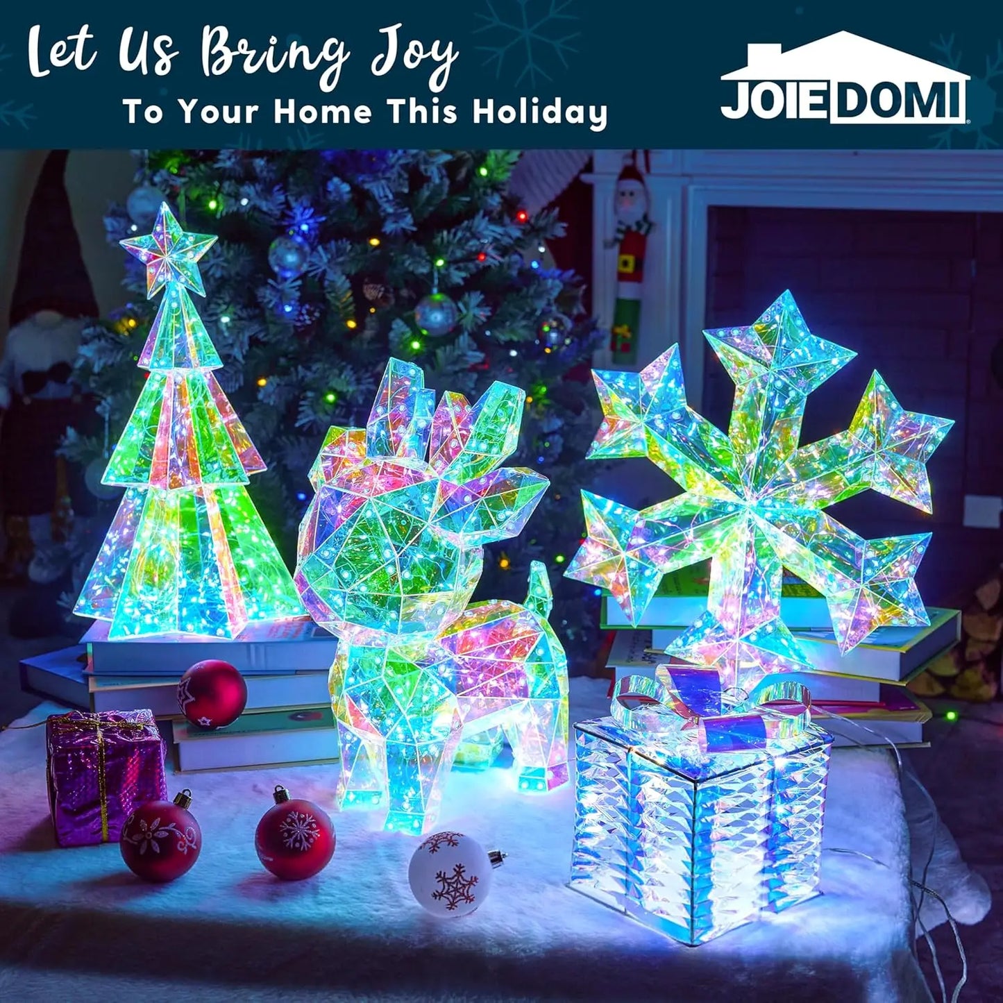 JOYFY 15 in Prismatic Iridescent Reindeer Light Decorations Prismatic Christmas150 LED Lights for Christmas Eve Night Décor