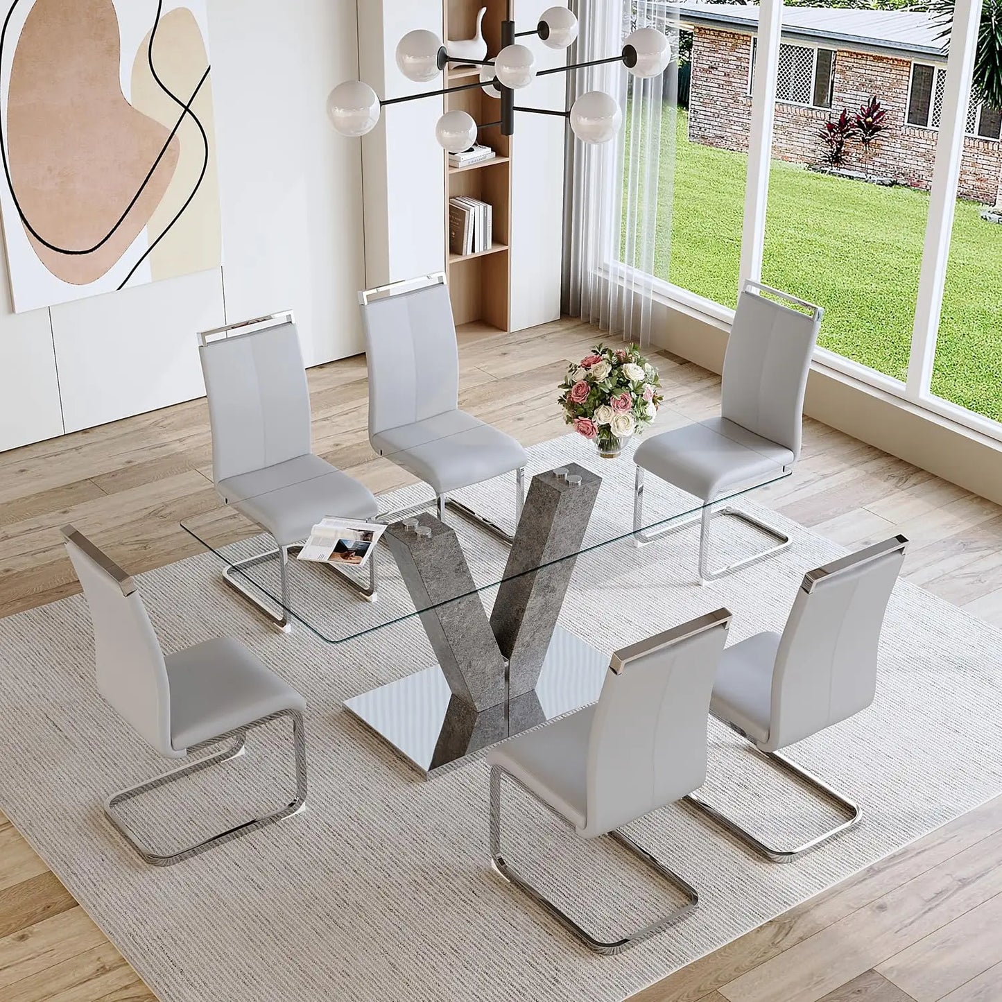 Glass Dining Room Table Set for 6,Modern Dining Table with 6 PU Leather Dining Chairs.71'' Kitchen Table with, Customized