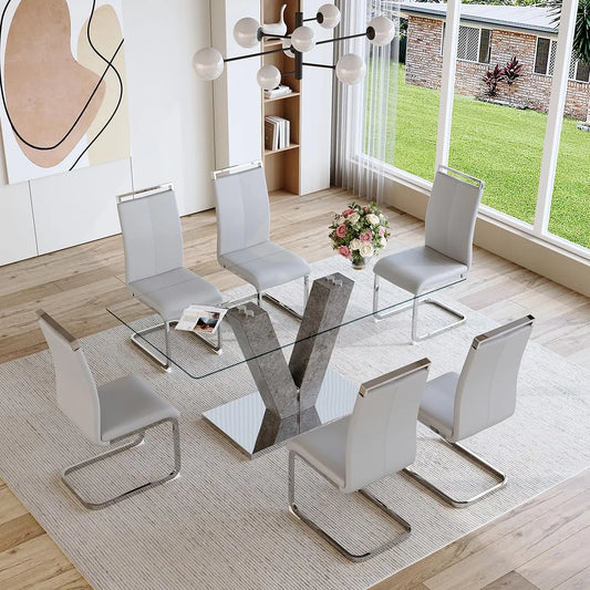 Glass Dining Room Table Set for 6,Modern Dining Table with 6 PU Leather Dining Chairs.71'' Kitchen Table with, Customized