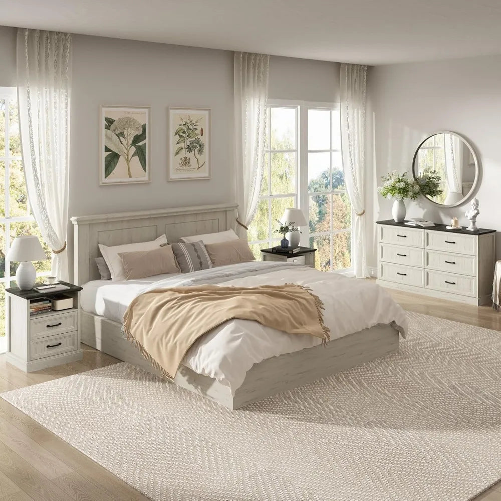 Farmhouse Dresser and Nightstand Sets for Bedroom, 3 Pcs Bedroom Set, 6 Drawer Dresser & Nightstand Set of 2,, Customized