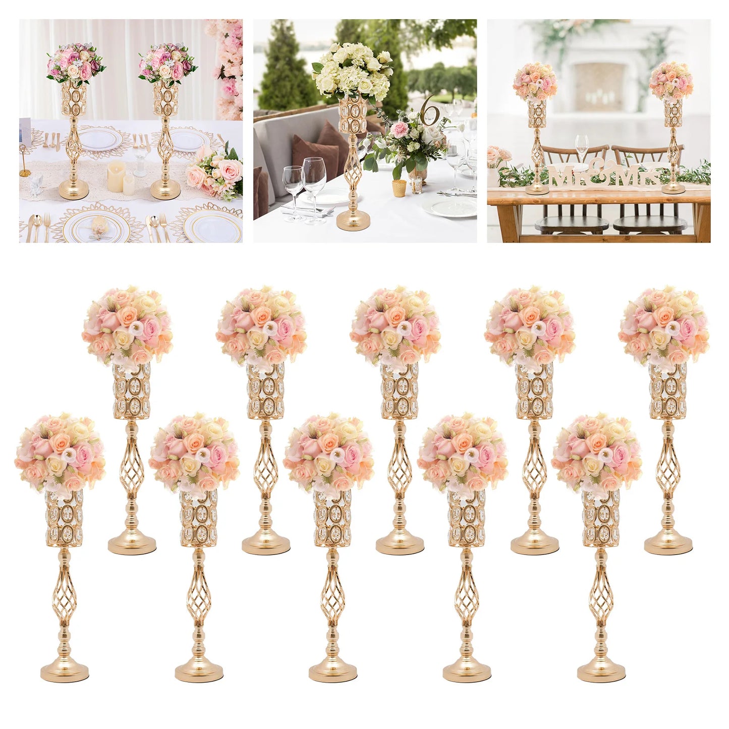 10Pcs Iron Flower Vases,61cm Gold/Silver Tabletop Vase for Centerpiece Decoration Church/Outdoor Weddings