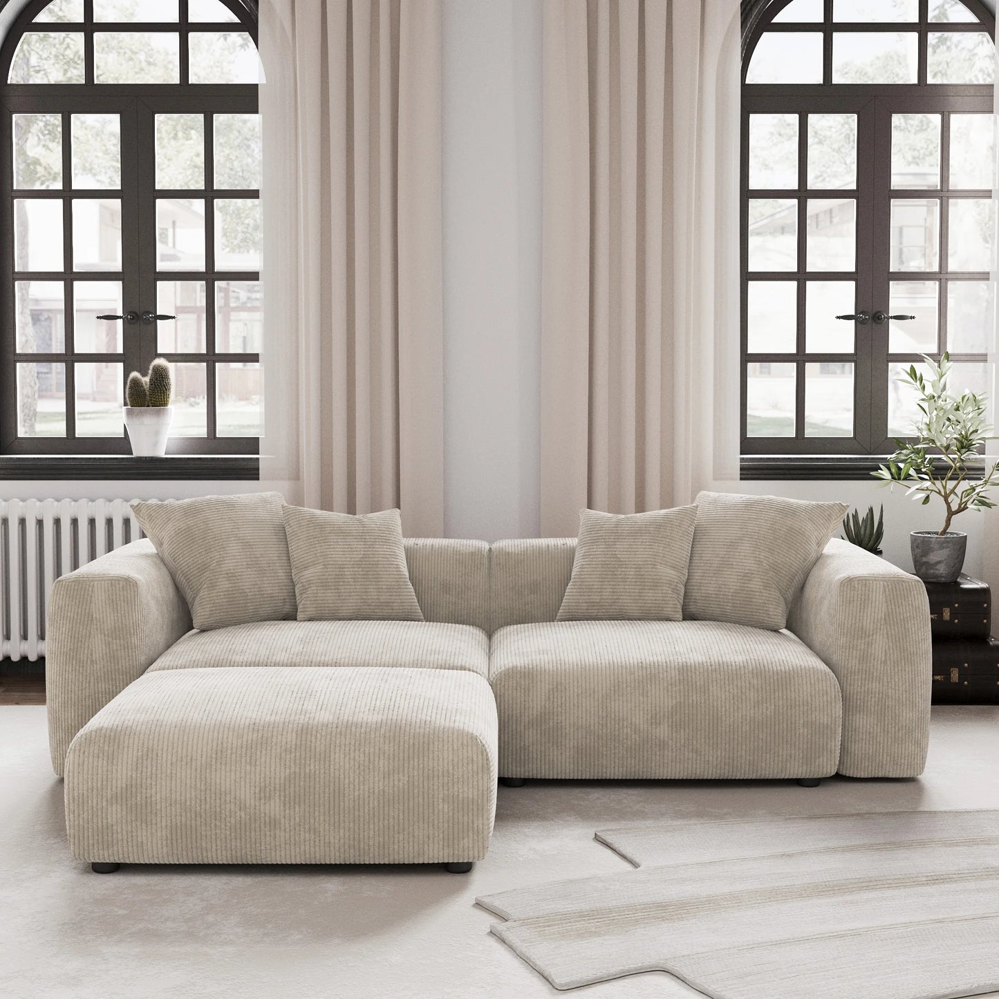 Modern Corduroy Fabric Sectional Couch with 4 Pillows 102" L-Shaped Sofa with Chaise Ottoman Hardwood Frame Sofa for Living Room