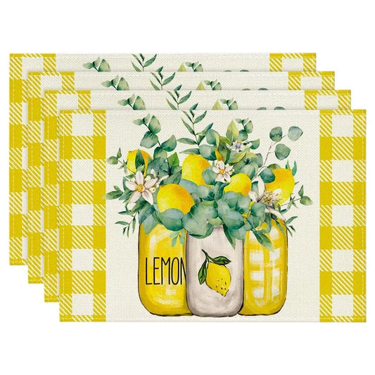Yellow Checks Vase Lemon Summer Placemats 12 X 18 Inch Seasonal Spring Table Mats for Holiday Party Kitchen Dining Decoration